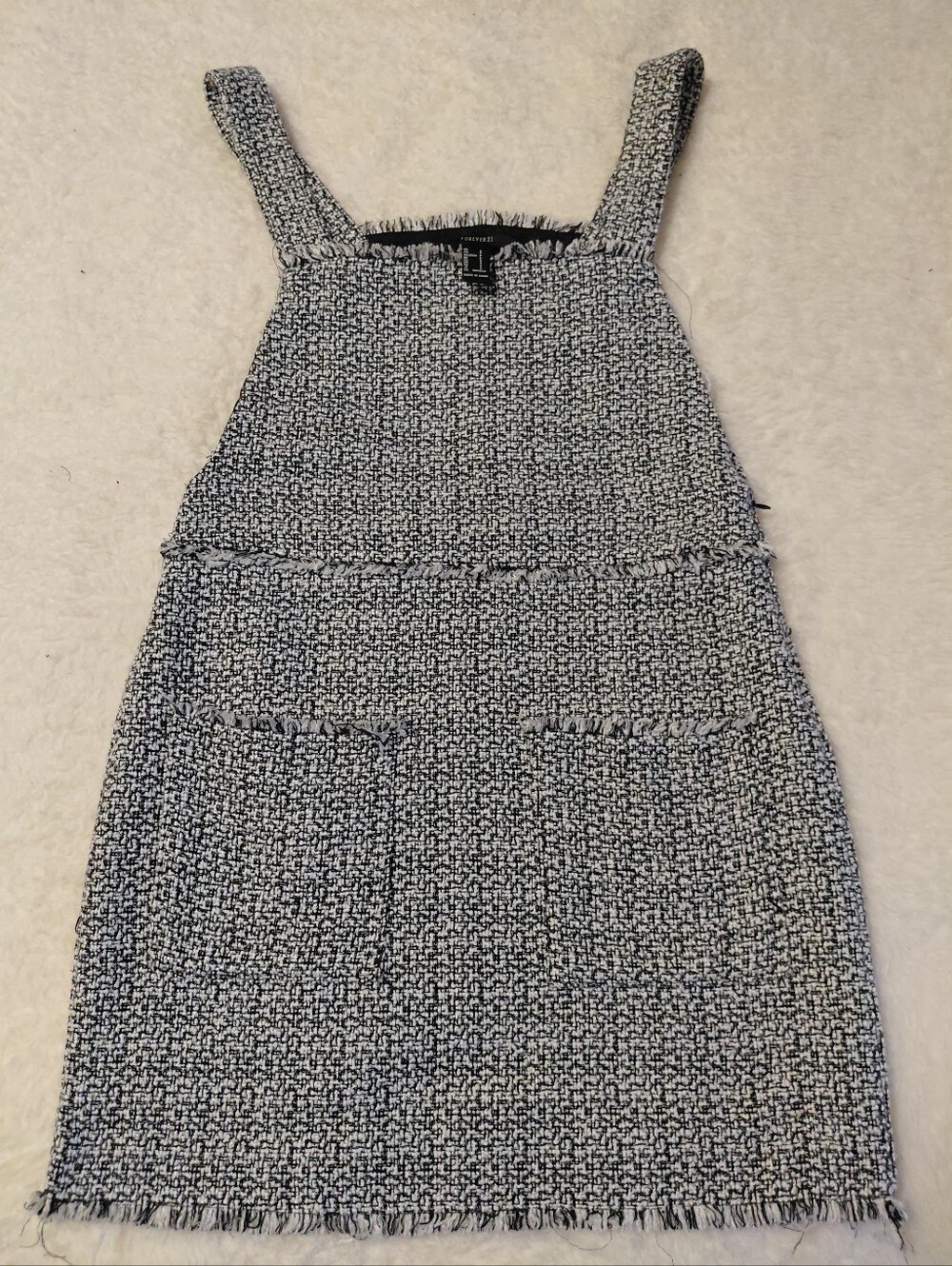 Forever 21 Black White Tweed Mini Dress Size Small Frayed Trim Preppy Chic